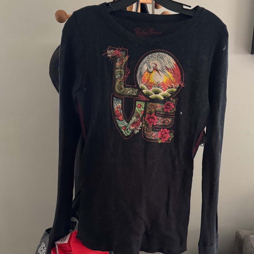 Lucky Brand Black Long Sleeve Tee with Colorful Love Graphic